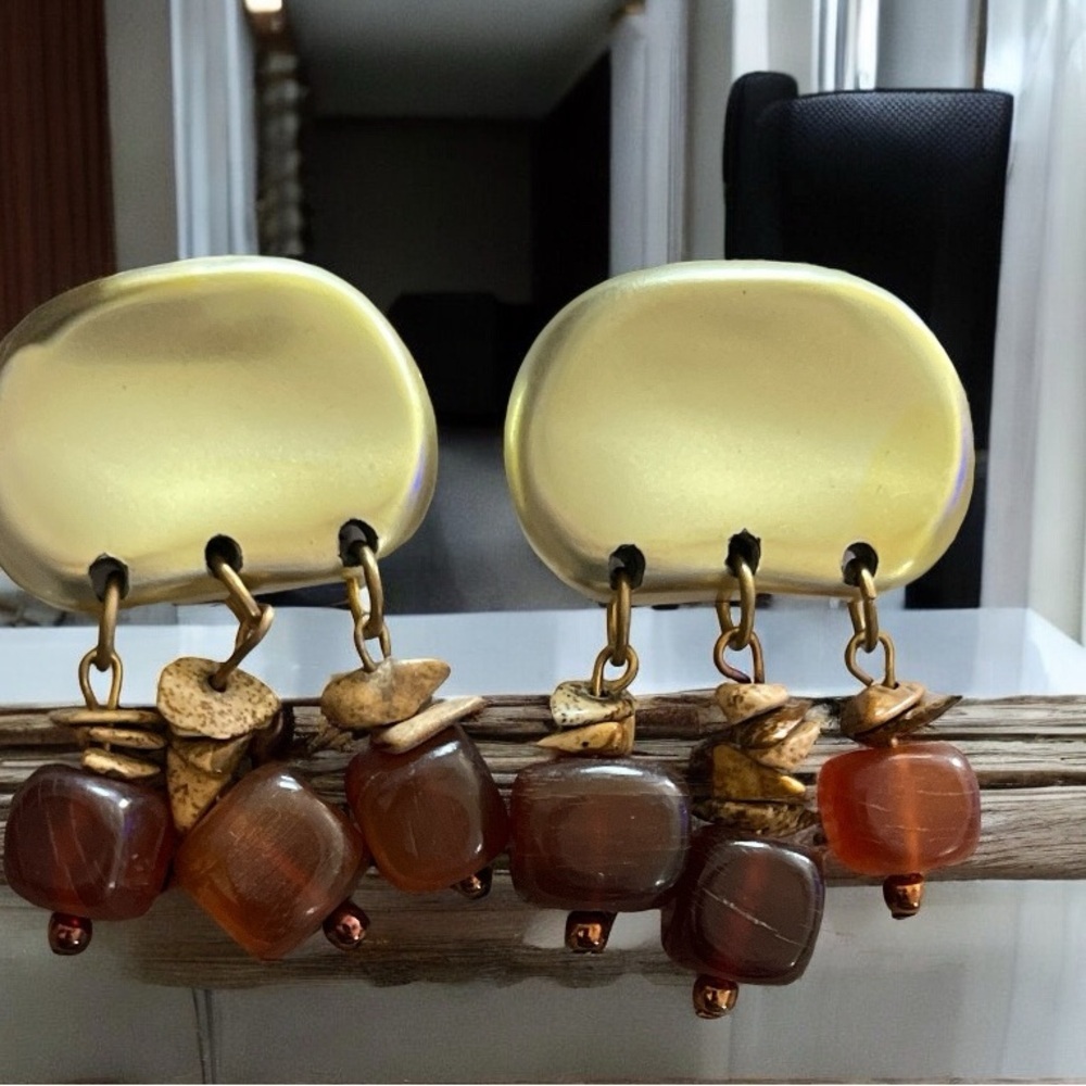 Vintage Matte Gold and Amber Colored Bracelet Clip OnEarrings Set by Lena Fiore - Picture 3 of 9